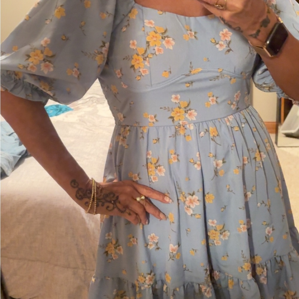 Inspired Hearts Blue and Yellow Floral Puff Sleeve Dress - Picture 1 of 4